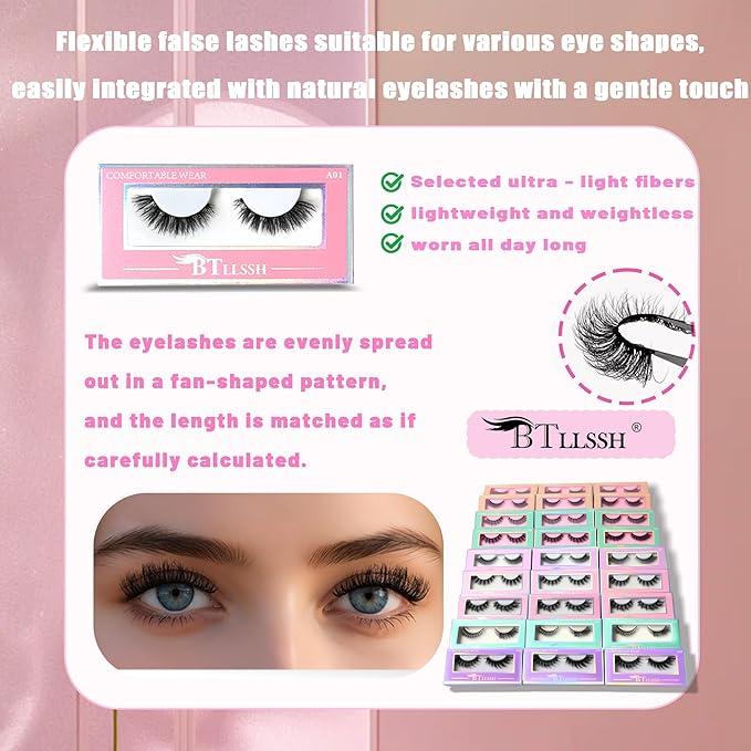 27Pairs 5D Faux Mink Lashes - Fluffy Wispy Cat Eye Strip Lashes 14-18mm D Curl, Easy to Apply for Beginners & Professionals, Natural to Dramatic Look Like Extensions