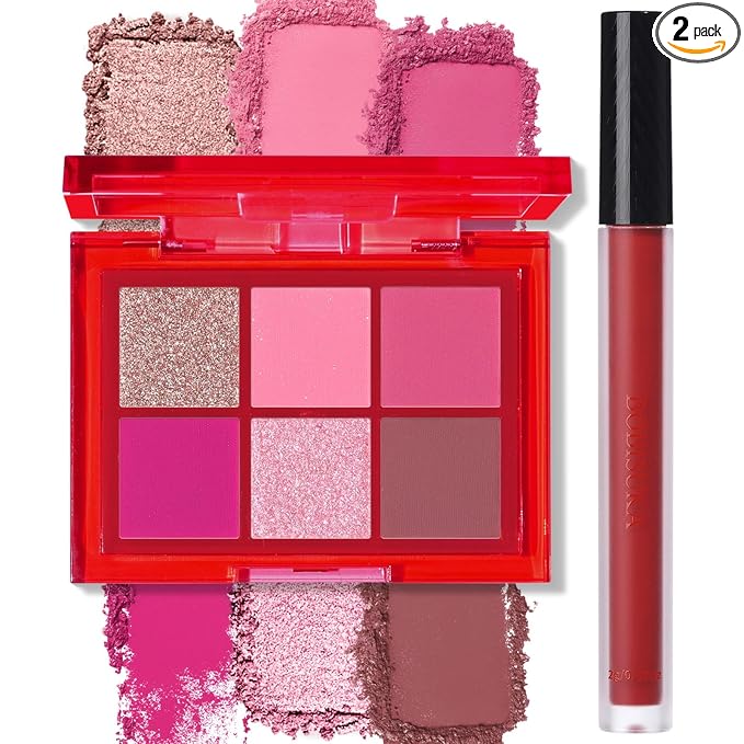 BOBISUKA Eyeshadow + Matte Lipstick Makeup Kit, 6 Colors Pink Rose Plum Shimmer Matte Gold Metallic Eye Shadow Pallet with Red Liquid Lipstick Makeup Set for Halloween, Daily,Parties, Concert