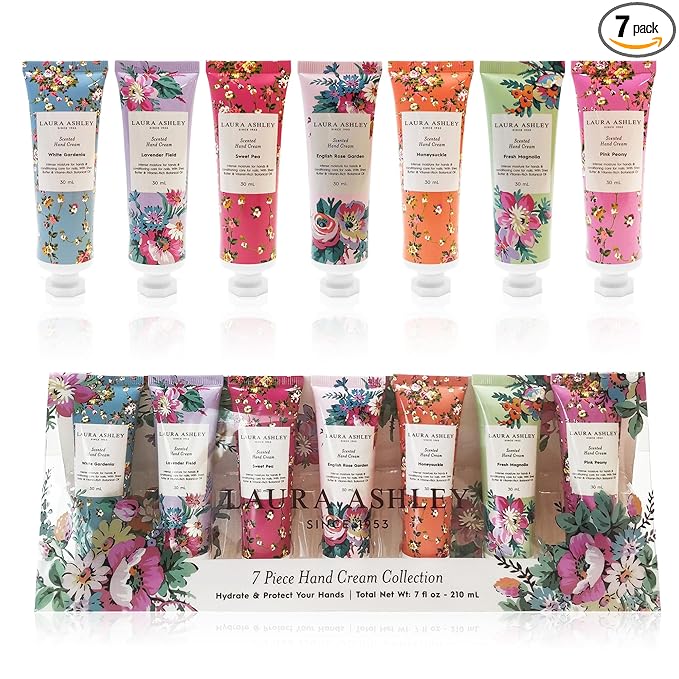 Laura Ashley Hand Cream Set - 7 Piece Hand Lotion Collection for Women, Travel Size Moisturizing Lotion for Dry Skin with Rose, Lavender, Magnolia & Floral Scents - 30ml Each