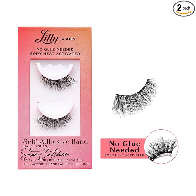 Lilly Lashes Self Adhesive Eyelashes (Half Lashes), No Lash Glue Needed, Body Heat Activated Press on Lashes, Reusable Self Adhesive Eyelashes Up to 5x, Easy to Apply & Remove (StarCatcher)