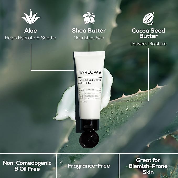 MARLOWE. Face Moisturizer with SPF 50, 3.4 oz, Lightweight, Non-Greasy Daily Sunscreen Lotion to Protect, Hydrate & Nourish, Clean, Vegan Formula with Aloe Vera & Shea Butter, Fragrance Free