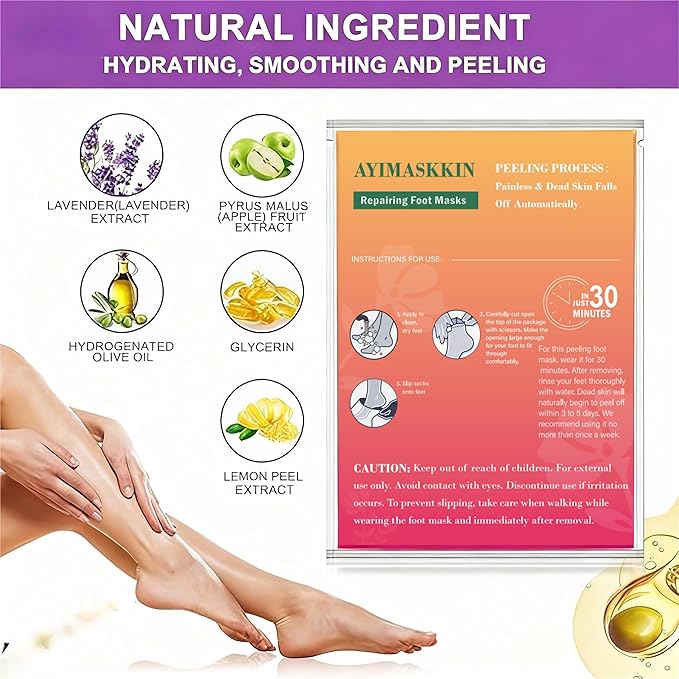 Peeling Foot Mask 3 Pack | Lavender Extract Foot Peel for Dead Skin Removal & Heel Repair | Dermatologically Tested