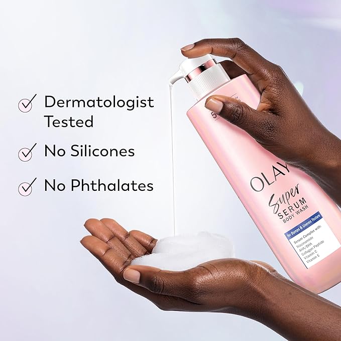 Olay Super Serum Body Wash for Rough & Bumpy Skin, 24hr Long Lasting Rich Hydration, 5+ Ingredient Complex for Bright, Even, Firm, & Luminous Skin, with Collagen Peptide, BHA/AHA & Vitamin C, 20 fl oz