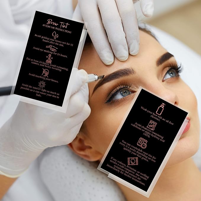 Brow Tint Aftercare Instruction Cards | 50 Pack | 2 x 3.5” inches Business Card Size | Starter Lift Kit with Tint at home diy aftercare supplies | Black with Rose Gold Design