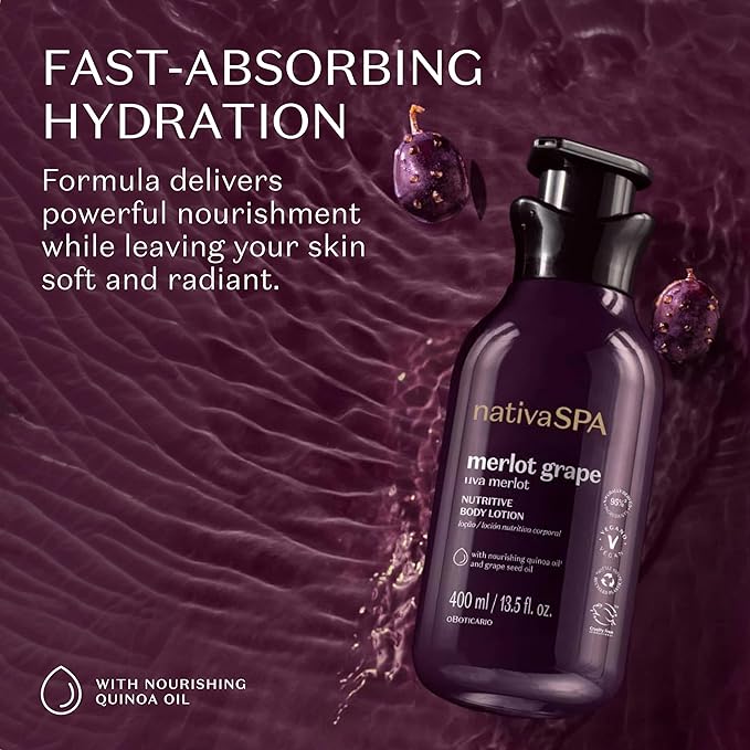 Nativa SPA by O Boticário Merlot Grape Body Lotion, Deep Hydration with Quinoa & Grape Seed Oil for Silky, Firm Skin 13.5 Ounce (400ml)