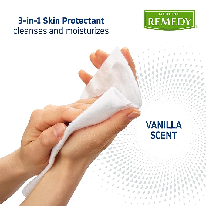 Medline Remedy Clinical 3-in-1 Barrier Cream Cloth, 3 count (45 Packs), 8 x 8 in Adult Wet Wipes, Vanilla Scent, Incontinent Care, Dimethicone, Irritated Skin, Soothing, Nourishing, Gentle