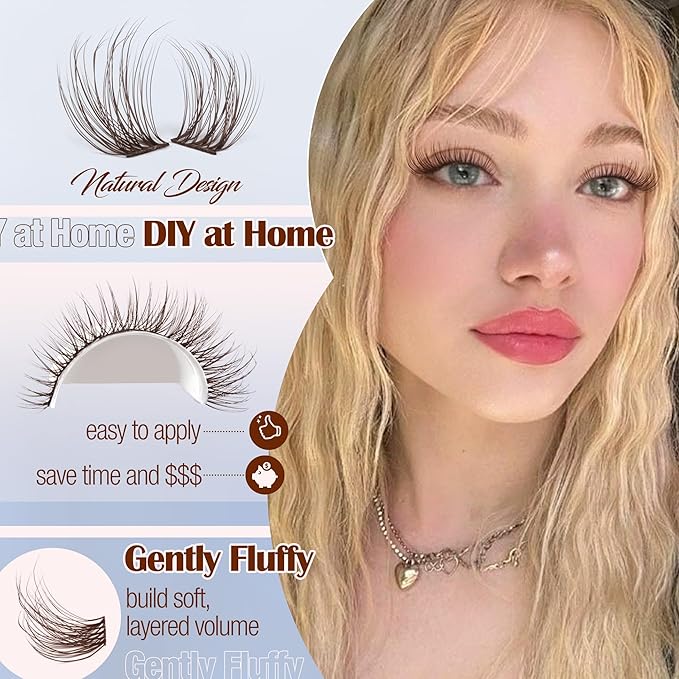 Mavphnee Brown Lash Clusters Dark Brown Eyelash Extensions Natural Cluster Lashes CC-Curly Pestañas Postizas Wispy Individual Lash Extensions 3D Lash 8-16MM Brown Eyelash Clusters 144PCS DIY at Home