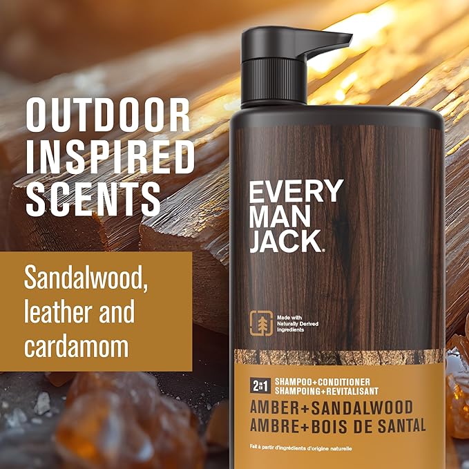 Every Man Jack 2-in-1 Shampoo + Conditioner for Men - Amber + Sandalwood | Nourishing For All Hair Types, Naturally Derived, Cruelty-Free | Cleanse + Moisturize | 24oz -1 Bottle