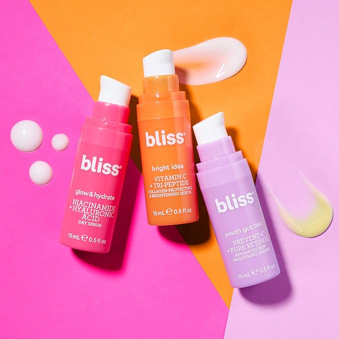 Bliss Skincare Mini Serum Set – Vitamin C, Retinol & Hyaluronic Acid Face Serums – Brightening, Anti-Aging & Hydrating Kit – Travel Size Gift Set (3 Pack)