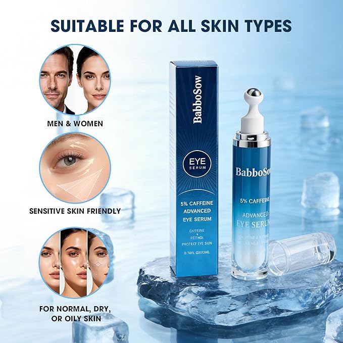 Eye Cream for Dark Circles, 5% Caffeine Retinol Under Eyecream for Anti Aging Wrinkles Eye Bags Puffiness, Multi Peptide Hydrating Treatment Eye Cream with 360° Massage Roller, Brightens, 0.75 Fl.oz