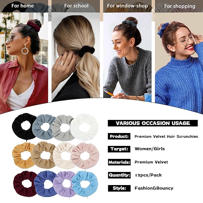 12 Pcs Scrunchies with Zipper Pocket for Women, Elastic Hair Tie with Hidden Storage, Secret Compartment for Small Items Cash, Keys, Lipstick, Bulk Colorful Scrunchie for Girls