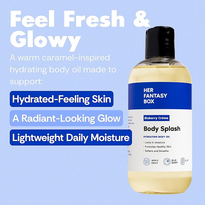 Her Fantasy Box | Body Splash Blueberry Crème Fragrance Oil – Fruity Creamy Berry Scent with Vanilla Sugar & Citrus Notes, Lightweight Hydrating Body Oil, Vegan & Cruelty Free