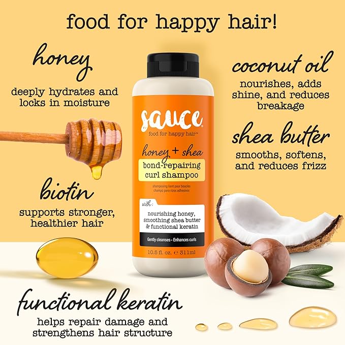 SAUCE Honey + Shea Bond Repair Curly Hair Shampoo,10.5 Fl Oz, Gently Cleanses & Controls Frizz, Helps Repair Damage & Reduce Breakage with Biotin & Functional Keratin, No Sulfates & Parabens