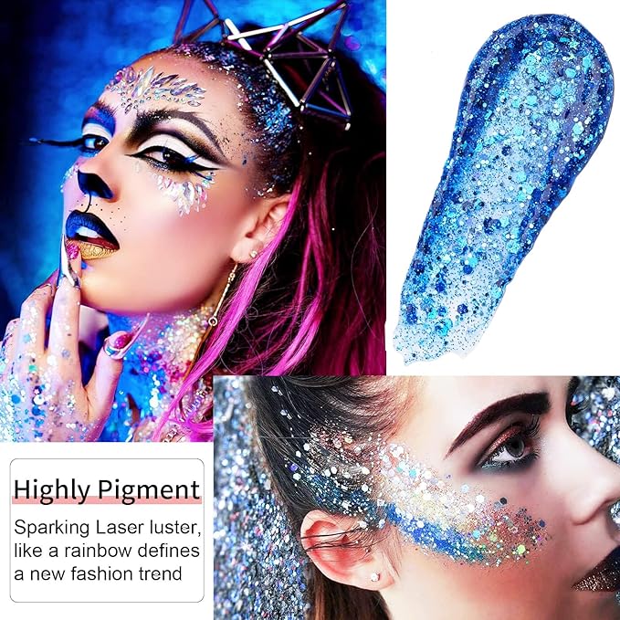Go Ho Red White and Blue Body Glitter Set,4th of July Outfits for Women Reflective Glitter Makeup,Red White Bue Holographic Long Lasting Chunky Sequins Glitters,4th of July USA Accessories