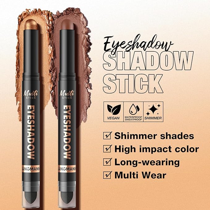 LANGMANNI 6Colors Dual-Ended Cream Eyeshadow Stick Set – Silky Smooth, Waterproof & Transfer-Proof, Built-in Blender Brush, All-Day Matte & Shimmer Wear Eye Makeup(#1+3+7+8+9+10)