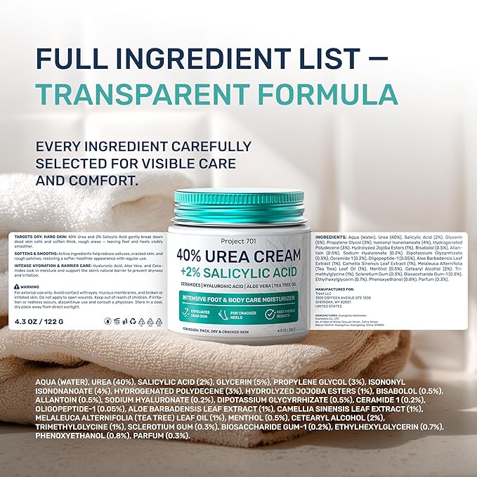 Urea Cream 40 Percent for Feet Maximum Strength - Urea Foot Cream and Callus Remover, Exfoliating Heels Cream with Salicylic Acid - Dry Cracked Foot Lotion Urea, Ceramides, Tea Tree Oil, 4.3 oz