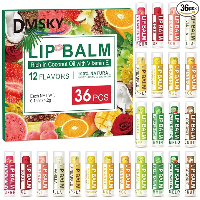 DMSKY 36 Pack Lip Balm, Natural Lip Balm Bulk with Vitamin E and Coconut Oil, Moisturizing Lip Care Product for Dry Cracked Lips- 12 Flavors