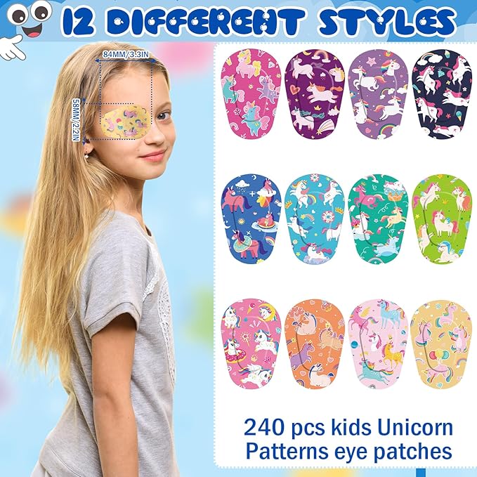 Panelee 60 Pcs Adhesive Eye Patches for Kids Girls Unicorn Patterns Toddler Eye Patches Bulk Breathable Material, Light Blocking Cotton Colorful and Fun Design Adhesive Bandages for Girl, 12 Styles