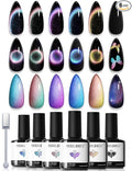 modelones Cat Eye Gel Nail Polish Set, 6 Colors Holographic Colorful Rainbow Glitter 9D Cateye Magnetic Gel Polish Black Purple Blue Green Yellow Coral Pink Nail Polish W Magnet Soak Off LED DIY Gift