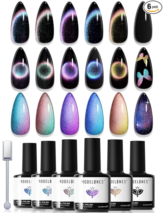 modelones Cat Eye Gel Nail Polish Set, 6 Colors Holographic Colorful Rainbow Glitter 9D Cateye Magnetic Gel Polish Black Purple Blue Green Yellow Coral Pink Nail Polish W Magnet Soak Off LED DIY Gift