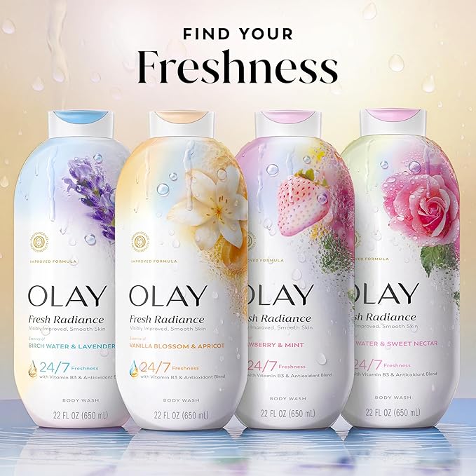 Olay Body Wash for Women, Fresh Radiance, 24/7 Skin-Loving Freshness, Visibly Radiant, Plant Based Cleansers, Vitamin B3 & Antioxidant Blend, All Skin Types, Vanilla Blossom & Apricot Scent, 22 fl oz