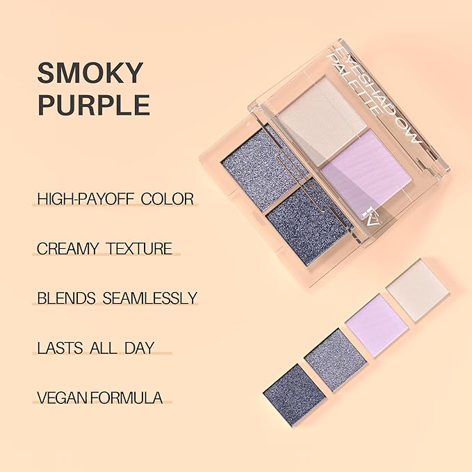 FV Natural Finish Eyeshadow Palette, 4 Matte & Metallic High Pigment Shades, Long-Lasting Eye Shadow Palette Makeup, Crease-Proof, Blendable Eye Makeup (Purple)
