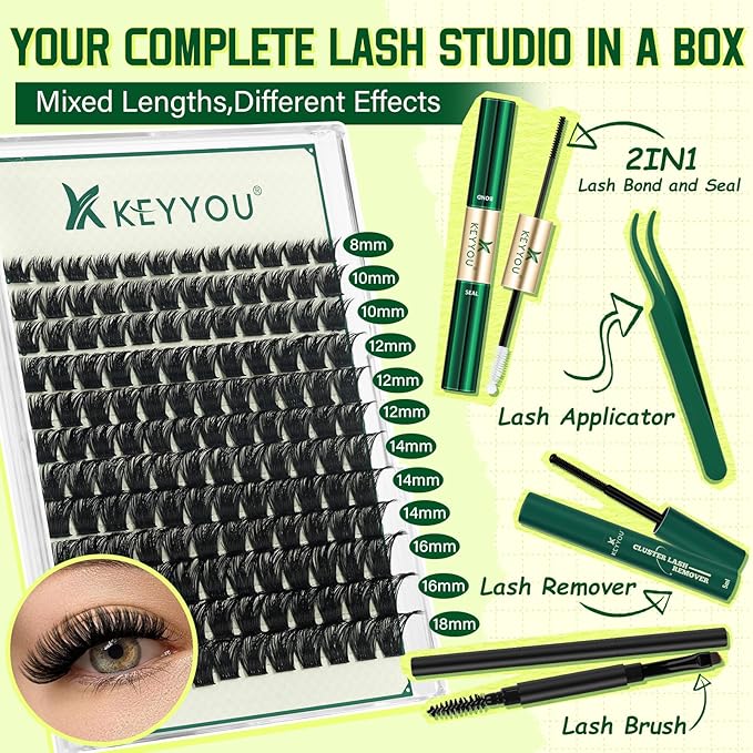 KEYYOU Lash Clusters Kit 144pcs Thick Volume D Curl Eyelash Clusters Lash Extension Kit with Mascara Brush Bond and Seal Glue Remover Applicators and Brush for DIY Lash Extensions (Y02)