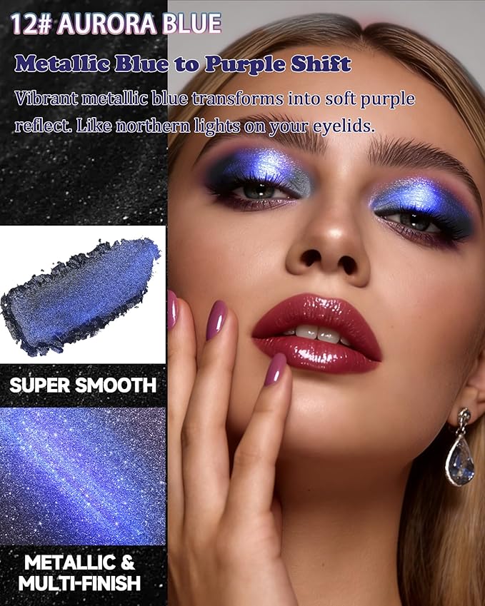 Chameleon Duochrome Glitter Eyeshadow Palette, Holographic Shimmer Single Eye Shadow Palettes, Color Shift Sparkle Iridescent, Multichrome Metallic Eye Brightener Highlighter Makeup-13 Aurora Blue