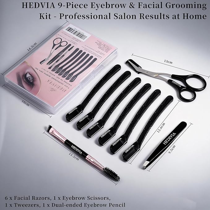 HEDVIA 9 Pcs Eyebrow Razor Kit for Women Shaping, Professional Eyebrow Makeup Set with 6 Small Eyebrow Razors, 1 Eyebrow Scissors with Comb, 1Eyebrow Tweezers for Men, 1 Makeup Brushes(Black Set)