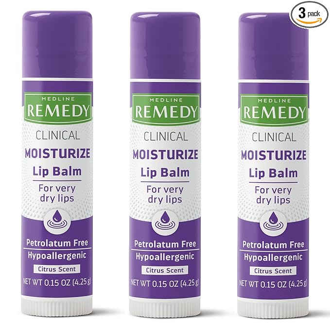 Medline Remedy Clinical Lip Balm, 3 Count, Citrus Scent, Moisturizing, Hydrating, Nourish, Nutrient Rich, Soothing Natural Oils, Revitalize, Comforting, Skin Conditioners, 0.15 oz Stick