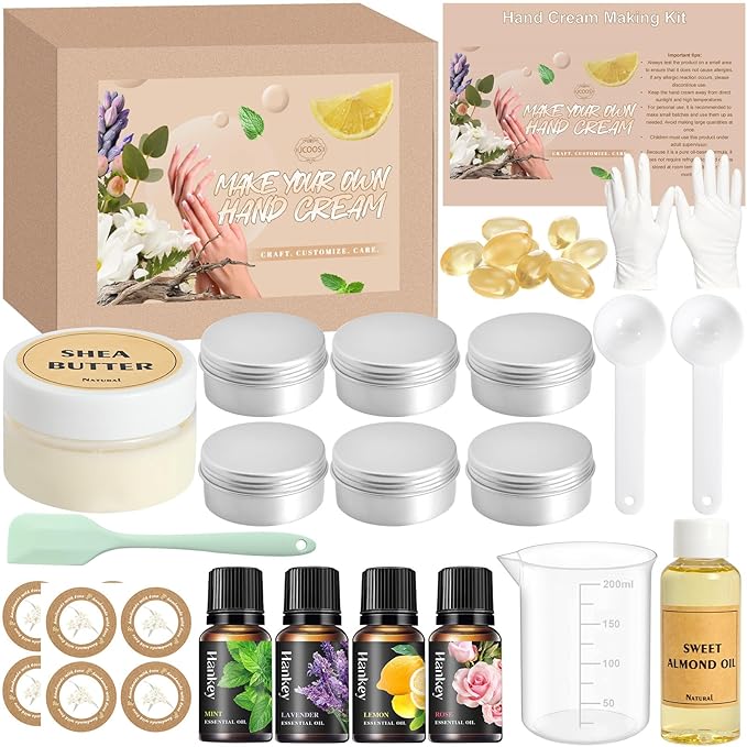 Jcoos DIY Hand Cream Making Kit, Handcream For Very Dry Hands, hand lotion with Shea Butter, Almond Oil, Jars, Essential Oils Natural Whipped Shea Butter Body Butter Making Kit Gifts for Women