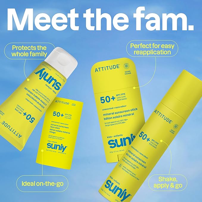 ATTITUDE Kids Mineral Sunscreen Stick SPF 50, Broad Spectrum Zinc Oxide, EWG Verified, Non-Nano, Mess-Free Stick for Face & Body, Lightweight Non-Greasy, Vegan, Unscented, 2 Oz