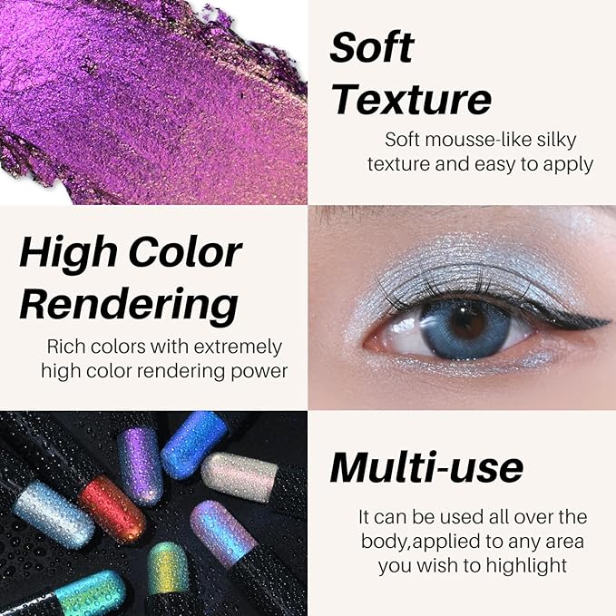 CHARMACY New Duochrome Long Stay Eyeshadow Stick, Creamy Eye Shadow Stick, Multicolor-Shifting Glitter Eyeshadow, Waterproof & Smudge-Proof, High Pigmented, Built-in Smudger #04