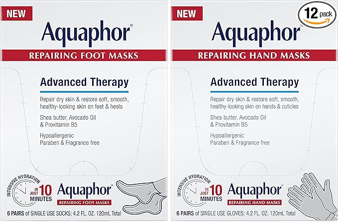 Aquaphor Repairing Hand and Foot Masks Set with Avocado Oil and Shea Butter, Manicure and Pedicure Supplies and At Home Spa Gifts, For Dry Hands and Cracked Feet, 6 Each, Pack of 12
