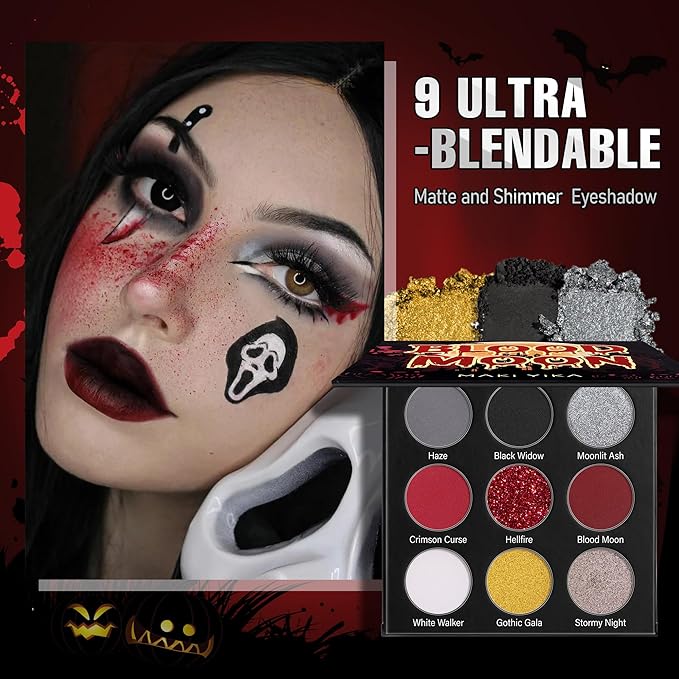 MAKI YIKA Black Red Eyeshadows Palette 9Color Pigmented Dark Red Black Grey Eye Shadows Long Lasting Eyeshadow Halloween Goth Eye Makeup-Black Red