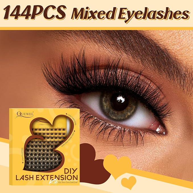 QUEWEL Lash Clusters Kit, 144 Pcs DIY Lash Extension Kit Individual Lashes Eyelash Extension Kit with Lash Bond and Seal Lash Tweezers (144-Mega Kit)