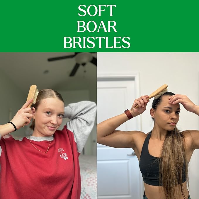 GranNaturals Soft Finishing Boar Bristle Slick Back Hair Brush for Smoothing & Polishing a Sleek Ponytail Bun w/ a Wide Wooden Rat Tail End for Parting & Sectioning - Teasing & Backcombing Hairbrush