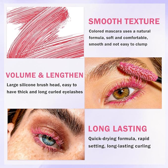 Pink Mascara for Eyelashes,5D Colored Mascara Volume and Length Waterproof,Natural Curling for Women Eye Makeup
