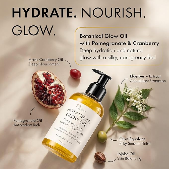 Botanical Body Glow Oil – Plant-Based Shimmer Body Oil for Radiant, Smooth, Hydrated Skin – Oil for Face, Hair, Skin & Nails – Pomegranate, Jojoba, Cranberry & Olive Squalane – All Natural