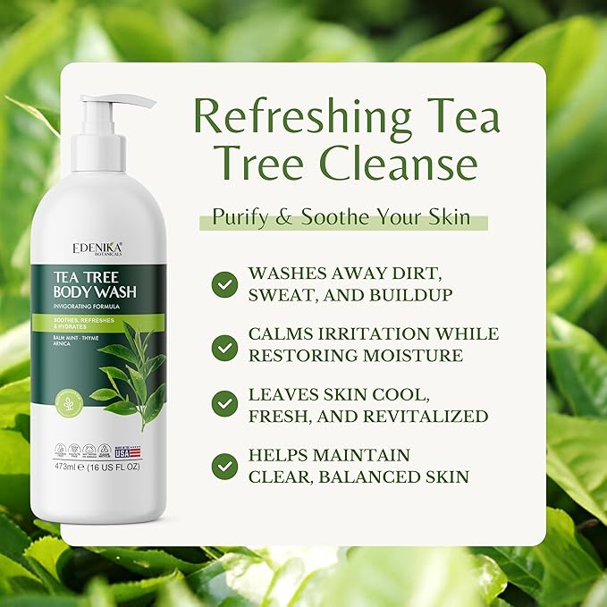 EDENIKA BOTANICALS Tea Tree Body Wash 16 fl oz (2 Pack) Natural Antifungal Support Wash for Athlete’s Foot, Ringworm & Jock Itch, Refreshes & Soothes, Organic Tea Tree Oil, Men & Women