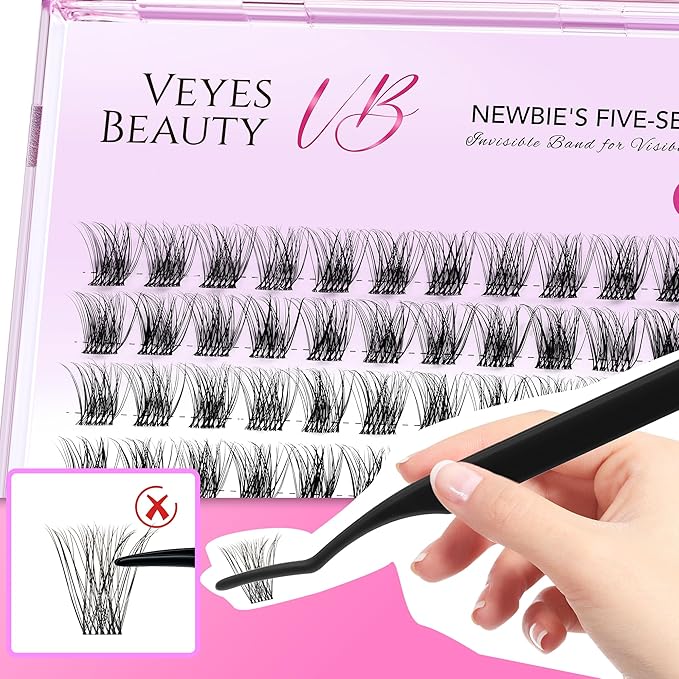VEYESBEAUTY Lash Clusters Individual Eyelash Extensions Thin & Invisible Band DIY False Eyelashes for Self-application Newbie's Five-Second Series Wispy Lash Tray, Bomb 10mm Single Length