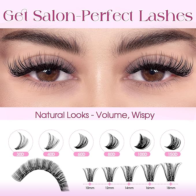 Wendy Lash Clusters Kit Packs: 1200-Pcs,30D,40D,60D,60D,80D,80D,100D,150D,D Curl,10-18mm Mixed, Cat Eye, Soft, Natural, Fluffy, DIY Eyelash, Individual, Eye lash clusters, Bulk Pack