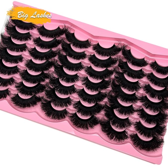 Mink Lashes Fluffy Big Dramatic Cat Eye Strip Lashes Pack D Curl 25mm Long 3D Volume Thick Faux Mink False Eyelashes Bulk 21 Pairs