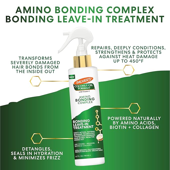 Palmer's Amino Bonding Complex Hair Treatment, Leave-In Conditioner Spray with Coconut Oil & Vitamin E, Heat Protectant, Anti Frizz, Strengthens & Protects Hair Growth, All Hair Types, 6.7 fl. oz