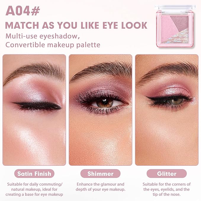 Eyeshadow Palette-Mini 3-in-1 Eye Shadow Powder Palettes Makeup-Matte&Shimmer Baked Eye Shadow for Women，paleta de sombras de ojos，Buildable Smooth Silky Waterproof for Daily Looks，04 Mauve Lavender