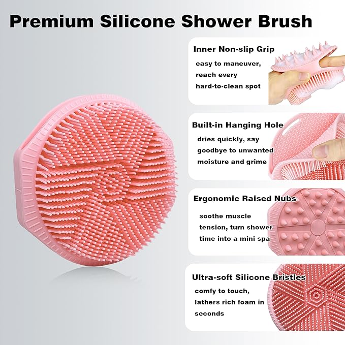 Silicone Body Scrubber for Men Women, Dual-Sided Bath Brushes Gentle Exfoliating Body Scrubber Scalp Massager for Deep Cleansing, Soft Silicone Loofah Body Washing Brushes (Black+Pink)