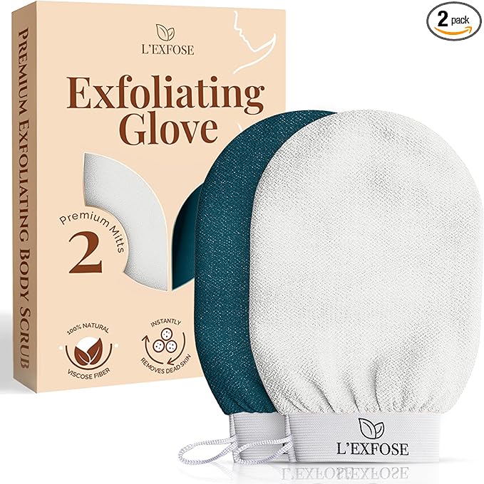 L'Exfose Kessa Hammam Deep Exfoliating Glove for Shower - Korean Exfoliating Mitt Body Scrubber Ideal for Dead Skin Remover, Keratosis Pilaris & Self-Tanning (Cyan Blue & Ivory)