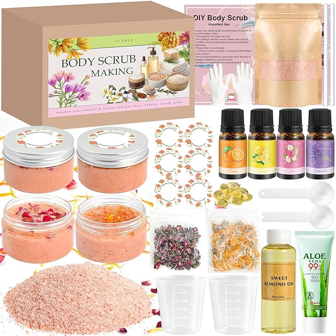 JUYRLE Body Scrub Making Kit- DIY Pink Salt Body Scrub Kit with Almond Oil, Essential Oils, Moisturizing and Exfoliating Dry Skin Hand Foot DIY Organic SPA Kit Gifts For Women & Men