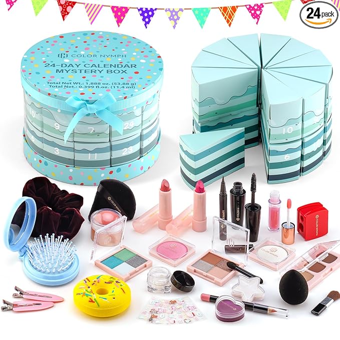 Color Nymph Kids Makeup Kit for Girl - 24 Days Beauty Mystery Box | Make Up Birthday Gift Set for Girls Ages 6-12, Makeup Gift Sets for Bday Countdown, Cosmetics Kit for Kids Teens #Mint Green