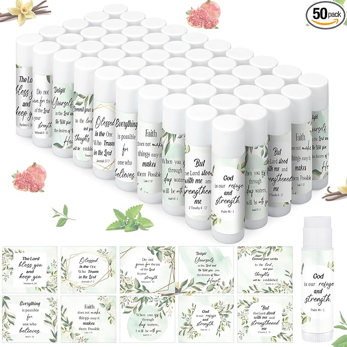 50 Pcs Christian Lip Balm Bulk Bible Verses Lip Balm Scripture Christian Gifts for Women Faith Religious Church Party Favor Inspirational Gift for Mother Teacher Nurse Employee Coworker (Eucalyptus)